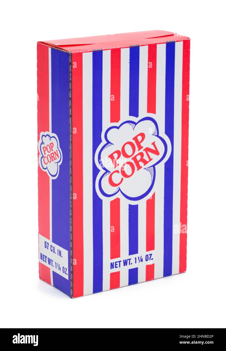Retro geschlossene Schachtel Popcorn auf Weiß ausgeschnitten. Stockfoto