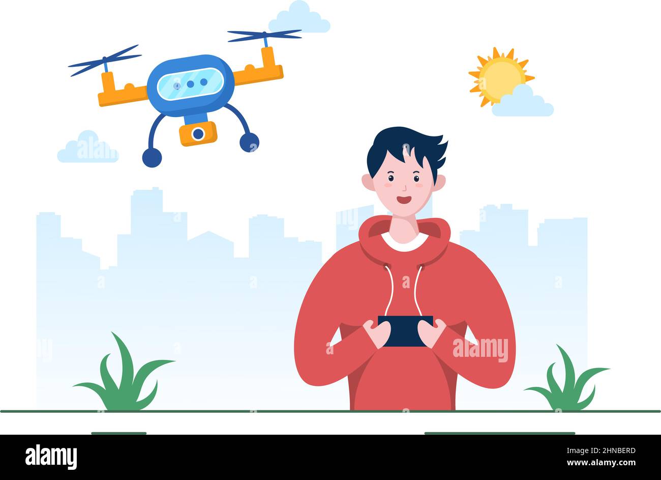 Drohne mit Kamera-Fernbedienung im Überflug zur Aufnahme von Fotografie und Videoaufnahme in flacher Cartoon-Hintergrunddarstellung Stock Vektor