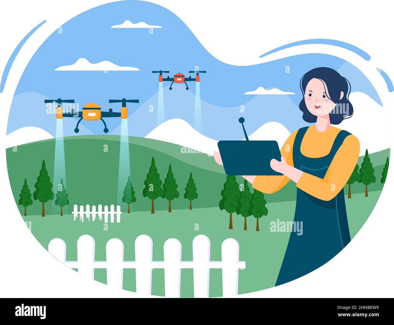 Smart Farming Verwenden Sie Drohnen-Technologien in der landwirtschaftlichen Industrie für Pflanzen, Windmühlen, Sonnenkollektoren und Wasser in flacher Cartoon-Hintergrund-Illustration Stock Vektor