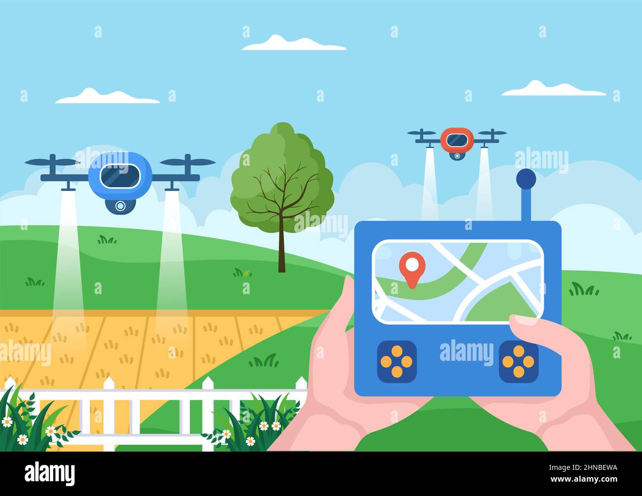 Smart Farming Verwenden Sie Drohnen-Technologien in der landwirtschaftlichen Industrie für Pflanzen, Windmühlen, Sonnenkollektoren und Wasser in flacher Cartoon-Hintergrund-Illustration Stock Vektor
