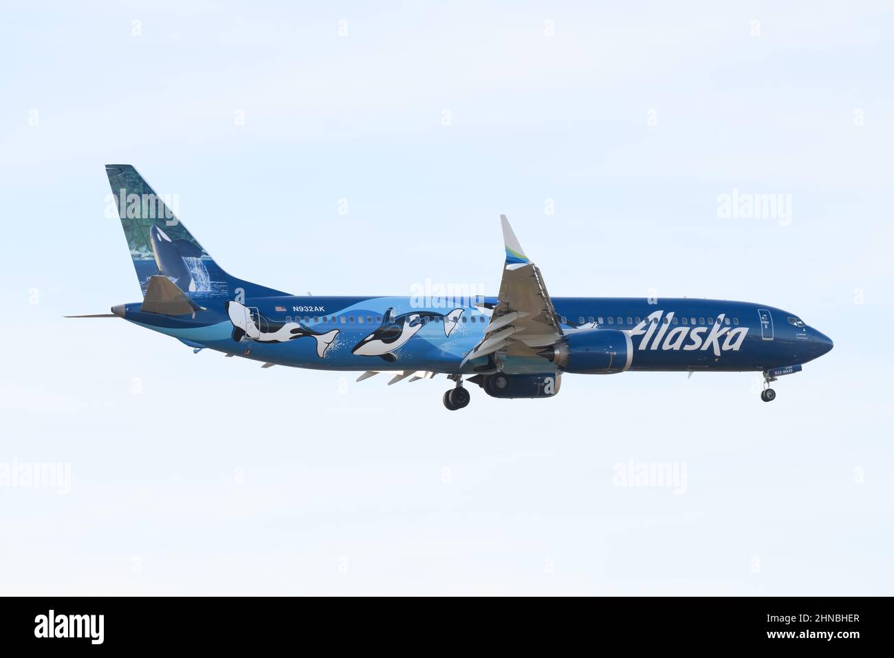 SeaTac, WA, USA - 11. Februar 2022; Alaska Airlines Boeing 737 MAX 9 landet in einer Orca-Lackierung isoliert vor einem hellen Himmel Stockfoto