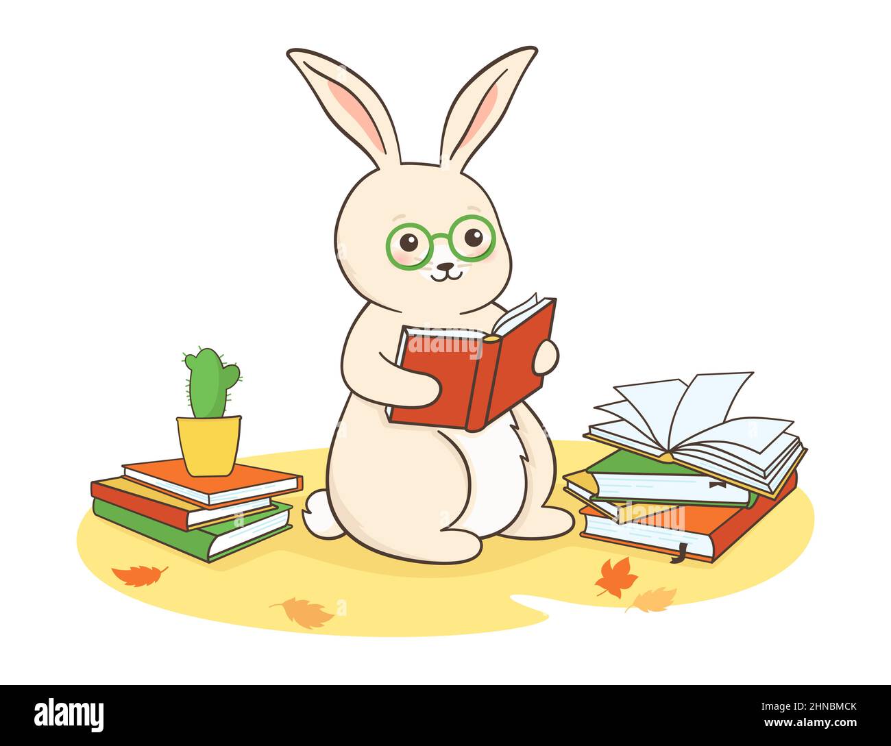 Kaninchen studieren, Buchpostkarte lesen. Bunny kindisch lernen, pädagogisches Konzept, Hallo Schule Poster. Hase Leser Papier Bücher Literatur Fan, Bücherwurm Maskottchen Symbol Jahr. Bibliothek flach Cartoon-Vektor Stock Vektor