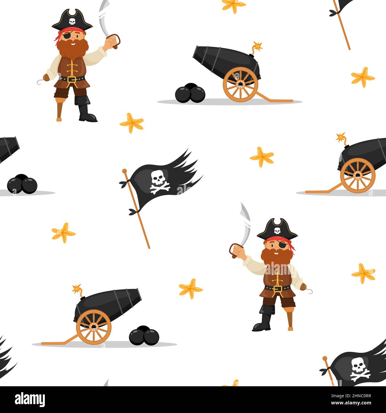 Nahtloses Muster mit Piratenkanone, Flagge und Kapitän. Kindliche Vektor-Illustration in flachen Cartoon-Stil. Handgezeichnetes Stoffdesign oder Packpapier Stock Vektor