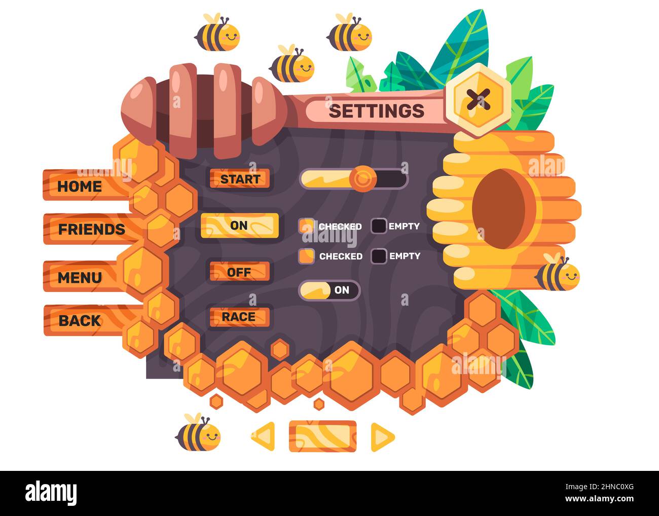 Game Set Benutzeroberfläche von Honigbiene Einstellung Menü Fenster mobile Anwendung Design Grafik Stock Vektor