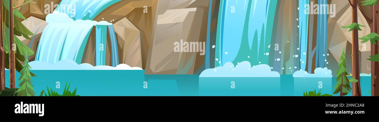 Wasserlandschaft mit Wasserfall zwischen Felsen. Kaskade schimmert nach unten. Fließendes Wasser. Schöner Cartoon-Stil. Flaches Design. Vektor. Stock Vektor