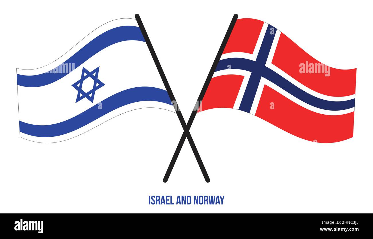 Israel und Norwegen Flaggen gekreuzt und winken Flat Style. Offizieller Anteil. Korrigieren Sie Die Farben. Stock Vektor
