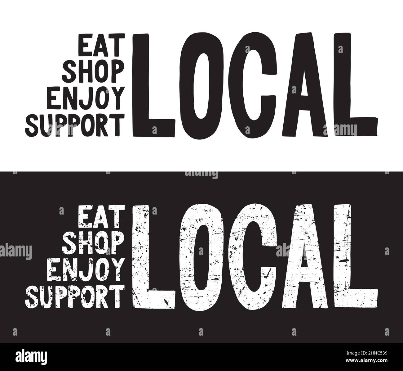Eat Shop Genießen Sie Support VOR ORT. Typografie Logo Design Emblem. Digitale Abbildung des Handschriftenlogos. Stock Vektor