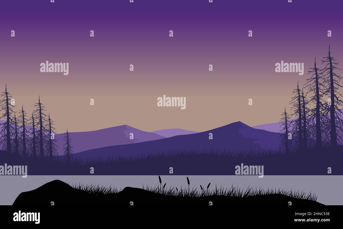 Ästhetische Bergpanorama Silhouette mit trockenen Bäumen vom Meer mit lila Himmel Blick Stock Vektor