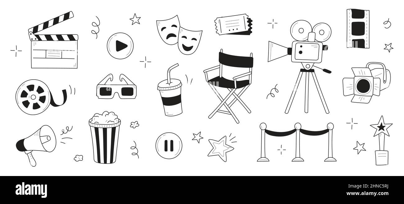 Film, Kino Doodle Symbol Illustration. Doodle handgezeichnete Skizze Stil Film Elemente, Popcorn, Videokamera, Klappbrett. Vektorlinien-Illustration. Stock Vektor