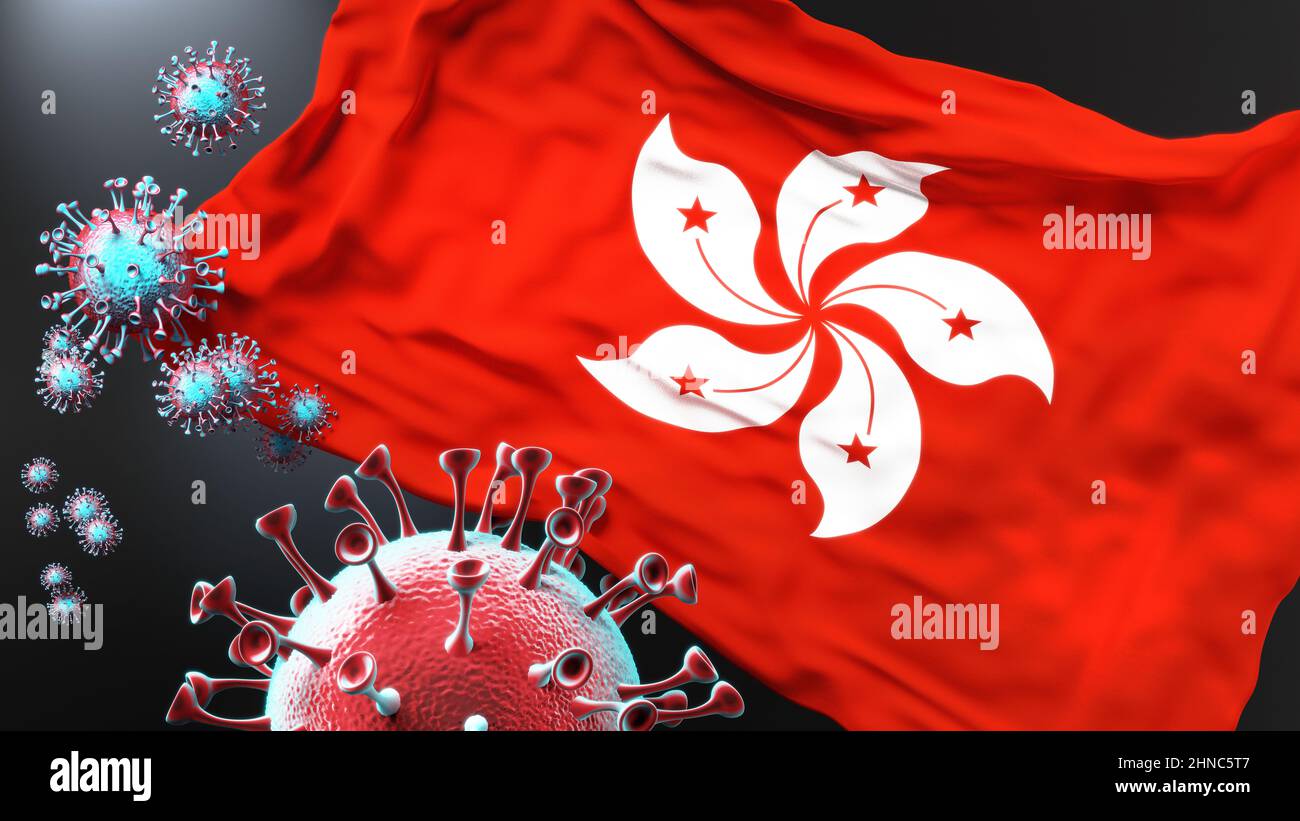 Hong Kong und covid Pandemie - Virus Angriff auf eine Stadtflagge von Hong Kong als Symbol für einen Kampf und Kampf mit der Virus-Pandemie in dieser Stadt, 3D i Stockfoto