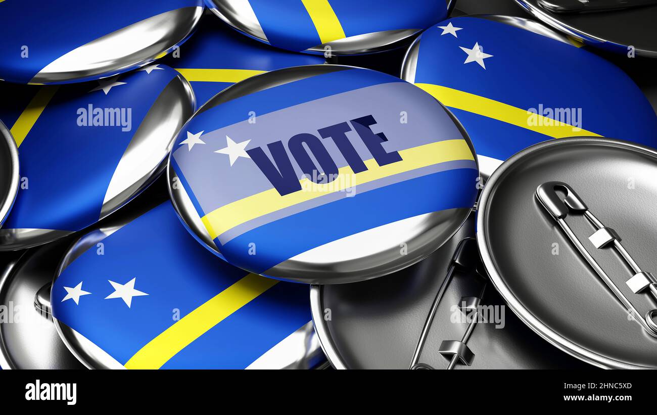 Stimmen Sie in Curacao - Nationalflagge von Curacao auf dutzende von Pinnback-Buttons, die die bevorstehende Abstimmung in diesem Land symbolisieren. , 3D Abbildung Stockfoto