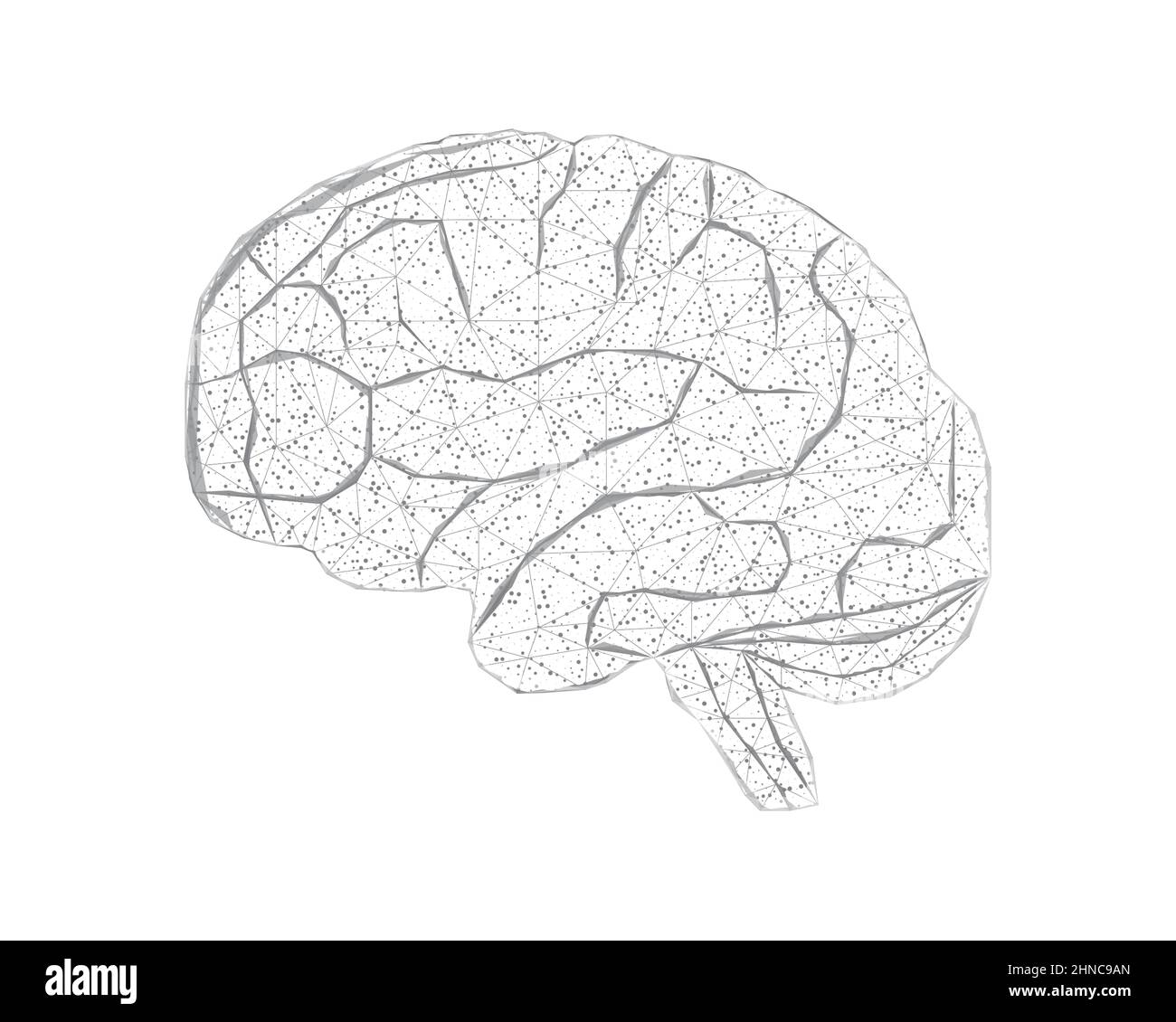 Menschliches Gehirn. Drahtmodell mit geringer Poly-Optik. Konzept für Medizin, Hirntumor, neuronales Netz. Abstrakte moderne 3D Vektor-Illustration auf dunkelblau Stock Vektor