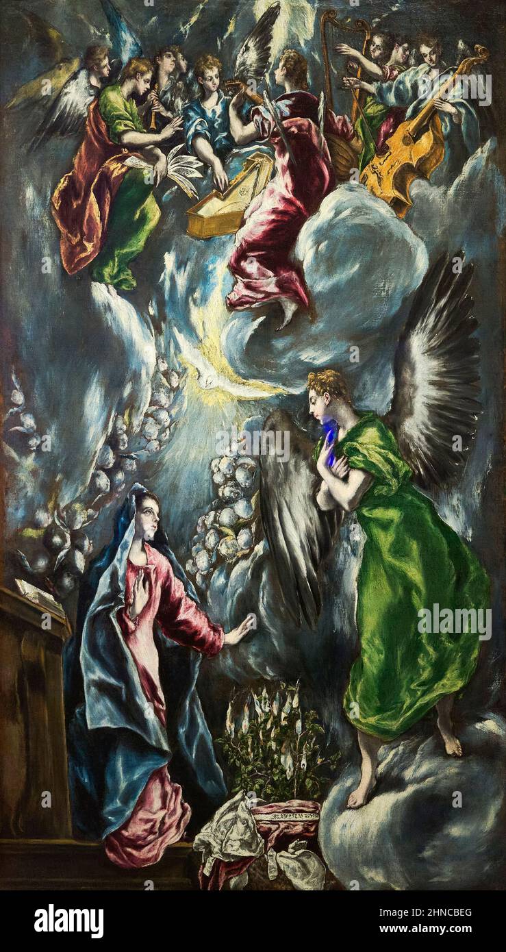 El Greco (Doménikos Theotokópoulos) (1541-1614). Die Verkündigung. Ca. 1596-1600. Öl auf Leinwand. 114 x 67 cm. El Greco war ein griechischer Maler des Spa Stockfoto