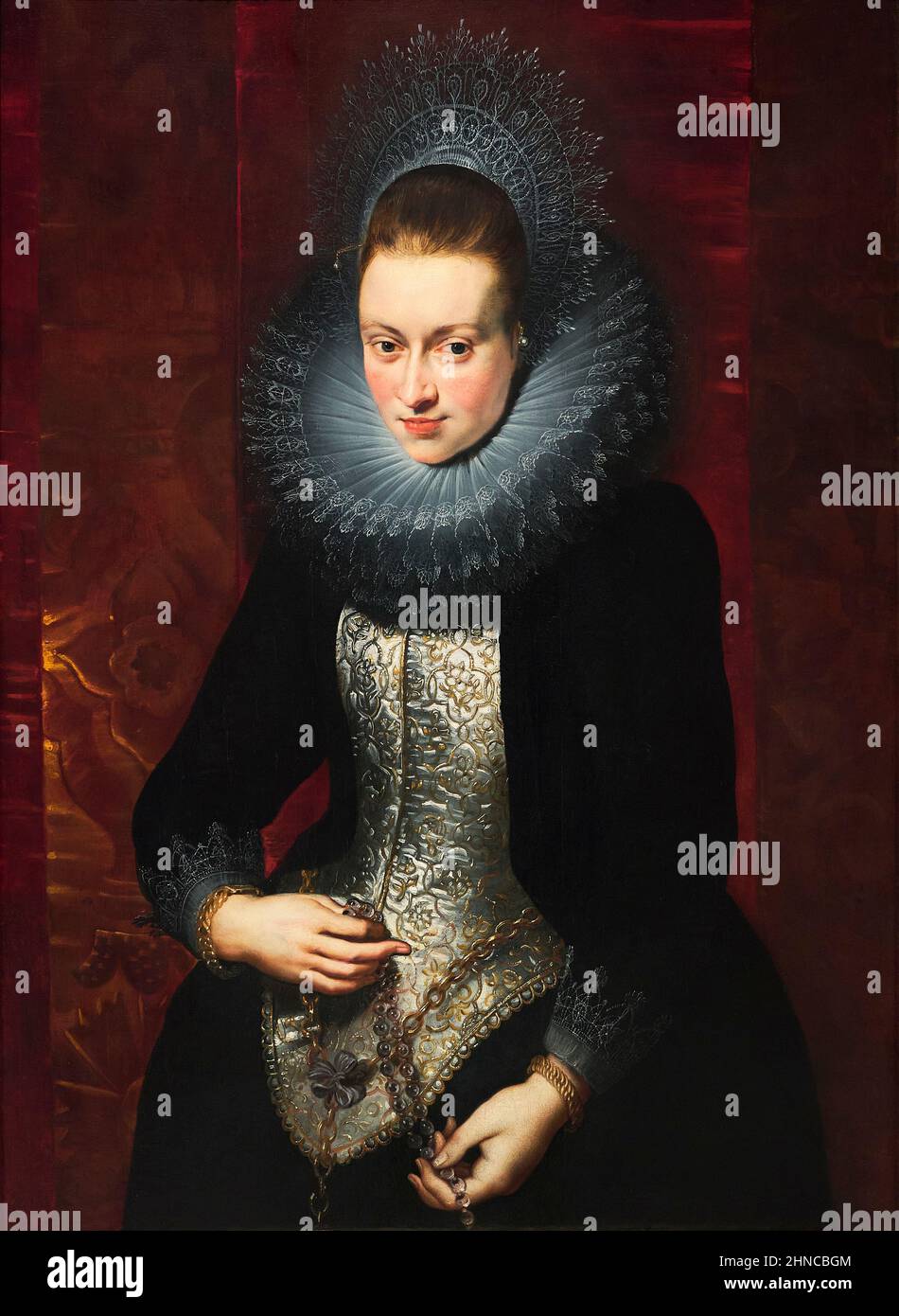 Peter Paul Rubens (1577-1640). Porträt einer jungen Frau mit Rosenkranz. Ca. 1609-1610. Öl auf der Platte. 107 x 76,7 cm. Rubens gilt als der Größte Stockfoto