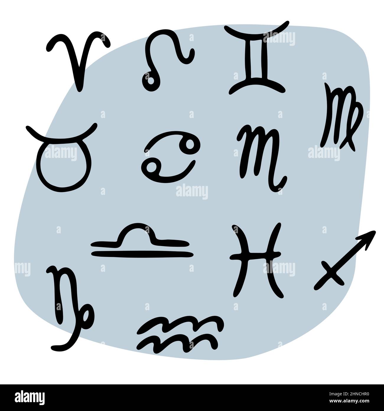 Vektor-Doodle-Stil Illustration Satz von schwarzen astrologischen Zeichen isoliert auf weißem Hintergrund Stock Vektor