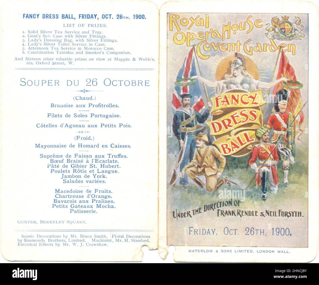 Tanzkarte auf Vorder- und Rückseite für den ausgefallenen Dress Ball, der am 26th. Oktober 1900 im Royal Opera House, Covent Garden, stattfinden wird Stockfoto