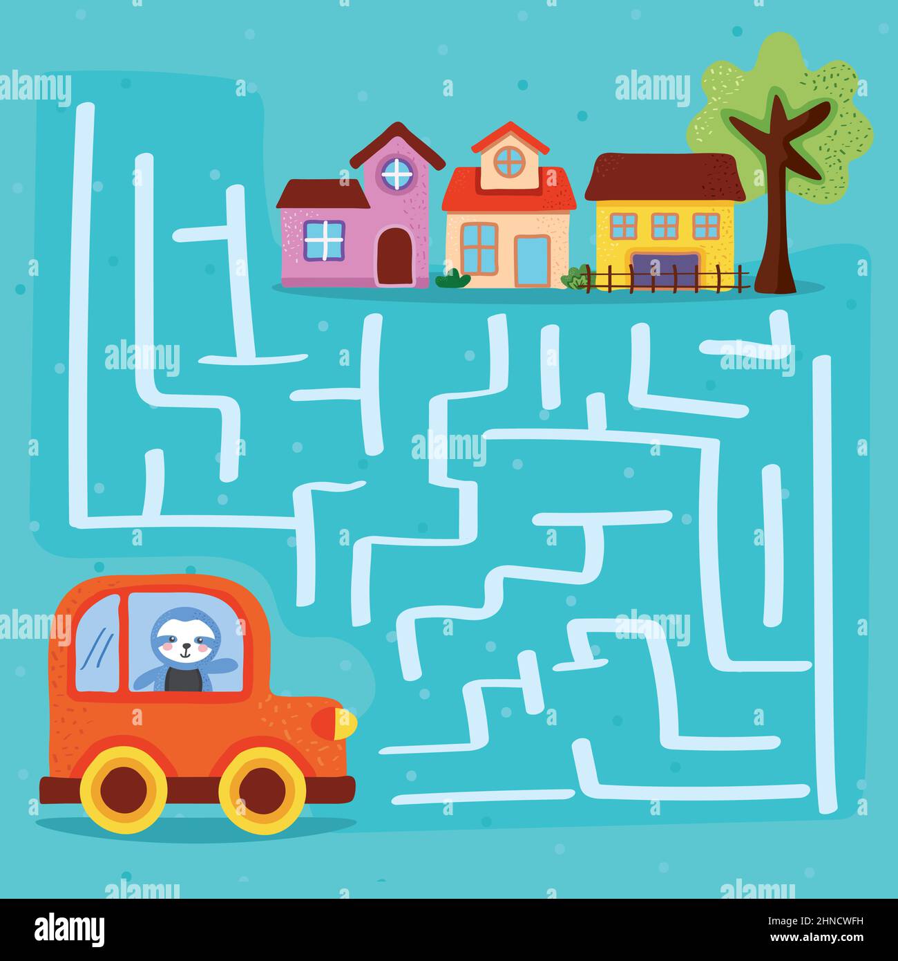 Auto und Häuser in Labyrinth für Kinder Stock Vektor