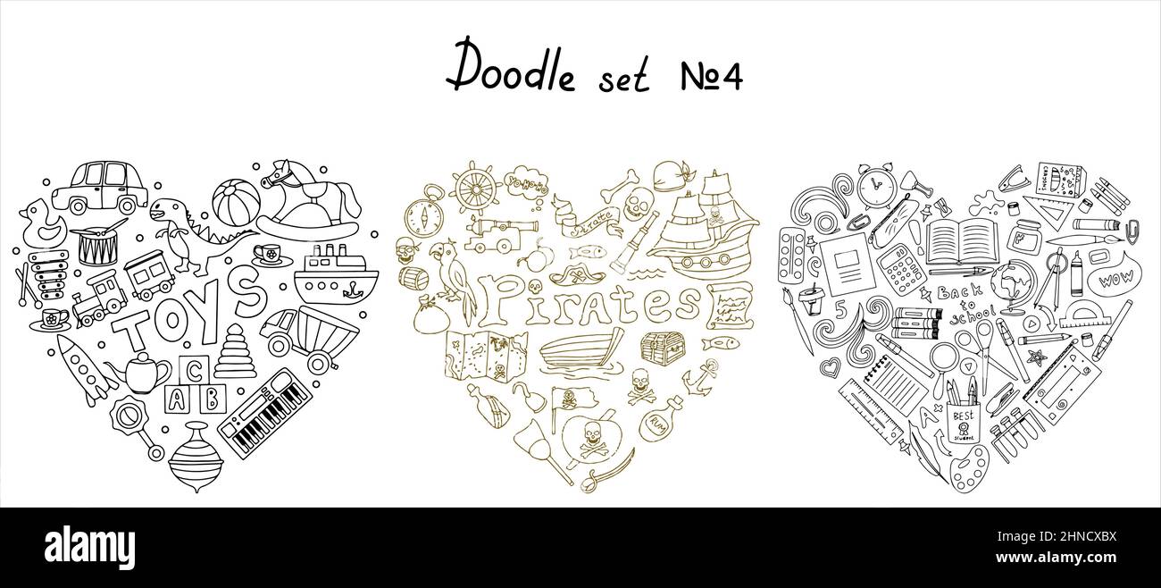 Vector Doodle Pirat, Spielzeug, Schule ergänzt Sets. Eine Karte mit einer handgezeichneten Skizze eines Meerjungfrau-Schiffes und von Piratenartikeln. Vorlage für Kinderpostkarten Stock Vektor