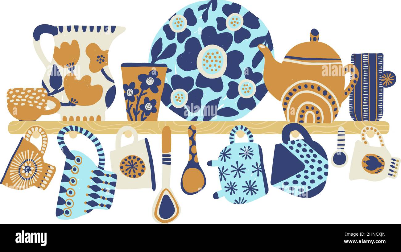 Küchenregal mit Geschirr im niedlichen dekorativen Stil Stock Vektor
