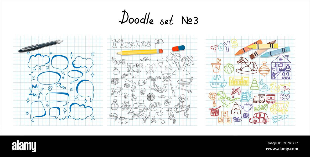 Vector Doodle Pirat, Spielzeug, Schule ergänzt Sets. Eine Karte mit einer handgezeichneten Skizze eines Meerjungfrau-Schiffes und von Piratenartikeln. Vorlage für Kinderpostkarten Stock Vektor