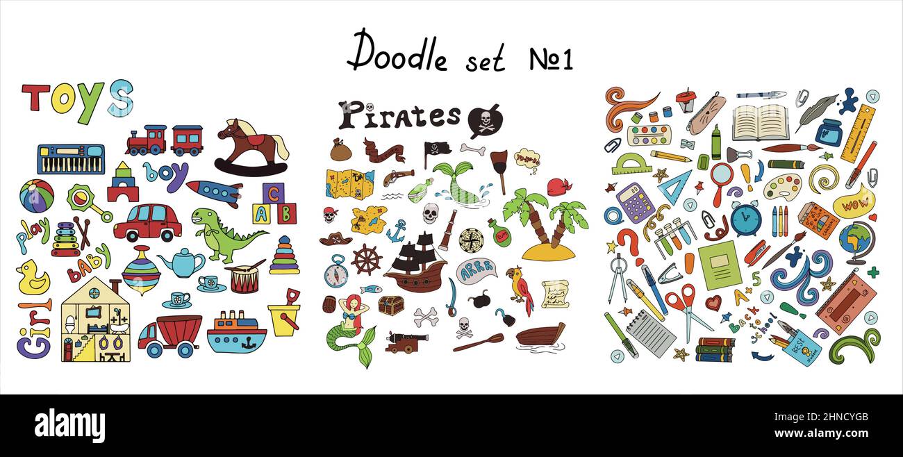 Vector Doodle Pirat, Spielzeug, Schule ergänzt Sets. Eine Karte mit einer handgezeichneten Skizze eines Meerjungfrau-Schiffes und von Piratenartikeln. Vorlage für Kinderpostkarten Stock Vektor