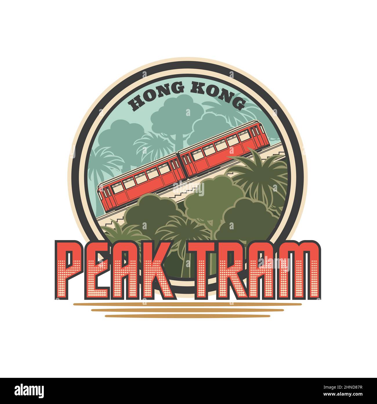 Hong Kong Peak Tram Ikone von China Reise und Tourismus. Vector Autos der Standseilbahn Peak Tram geht zu oberen Endstation des Victoria Peak, isoliert ro Stock Vektor