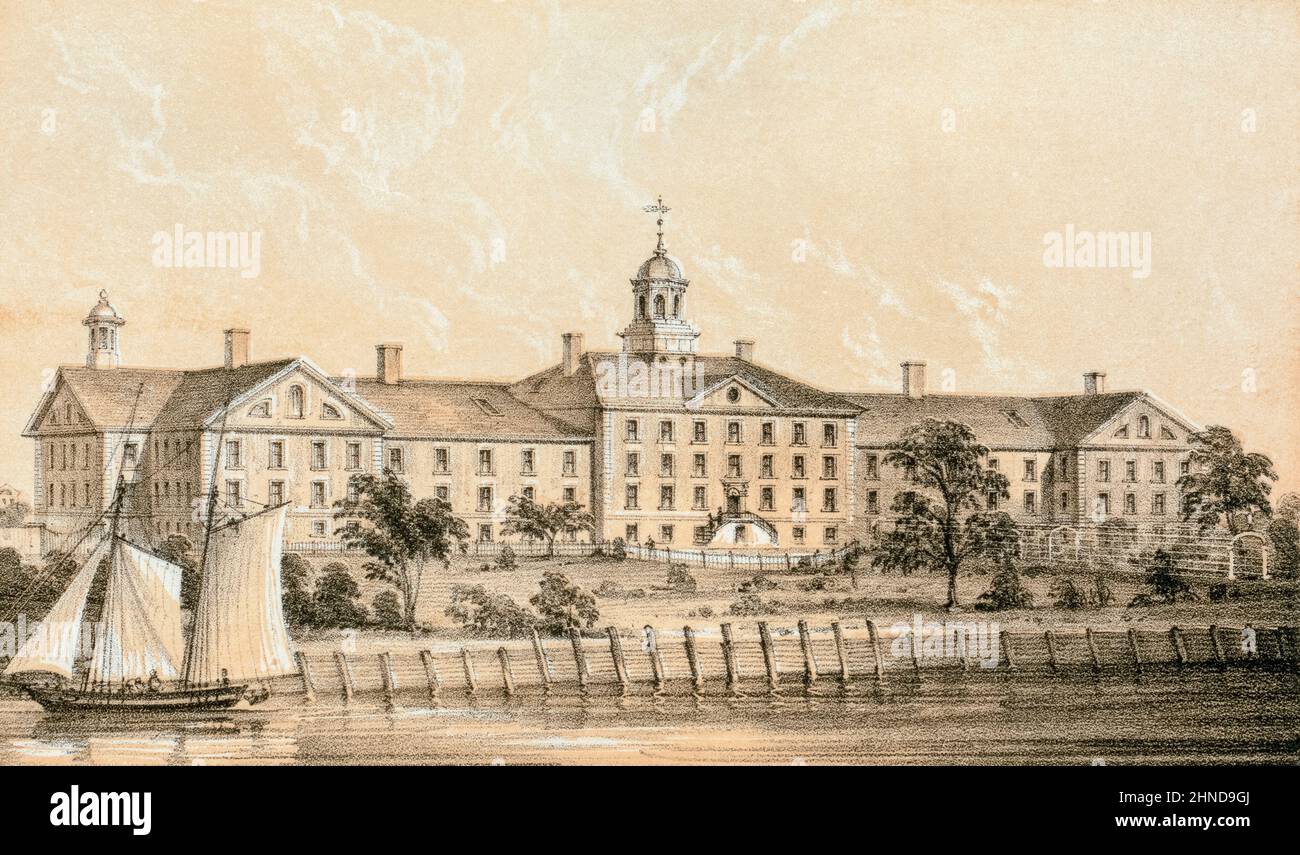 The Alms House Hospital, Bellevue, New York, Vereinigte Staaten von Amerika. Das Krankenhaus wurde 1736 eröffnet, auf dem heutigen Rathauspark. Es ist heute das älteste öffentliche Krankenhaus in den USA und eines der größten in Bezug auf Betten. Nach einem Werk von Sarony und Major aus dem Jahr 1880. Stockfoto
