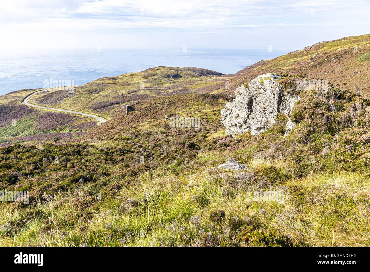 Felsige Aufschlüsse auf dem mit Heidekraut verkleideten Moorland auf der Mull of Kintyre am südlichen Ende der Kintyre Peninsula, Argyll & Bute, Schottland, Großbritannien Stockfoto