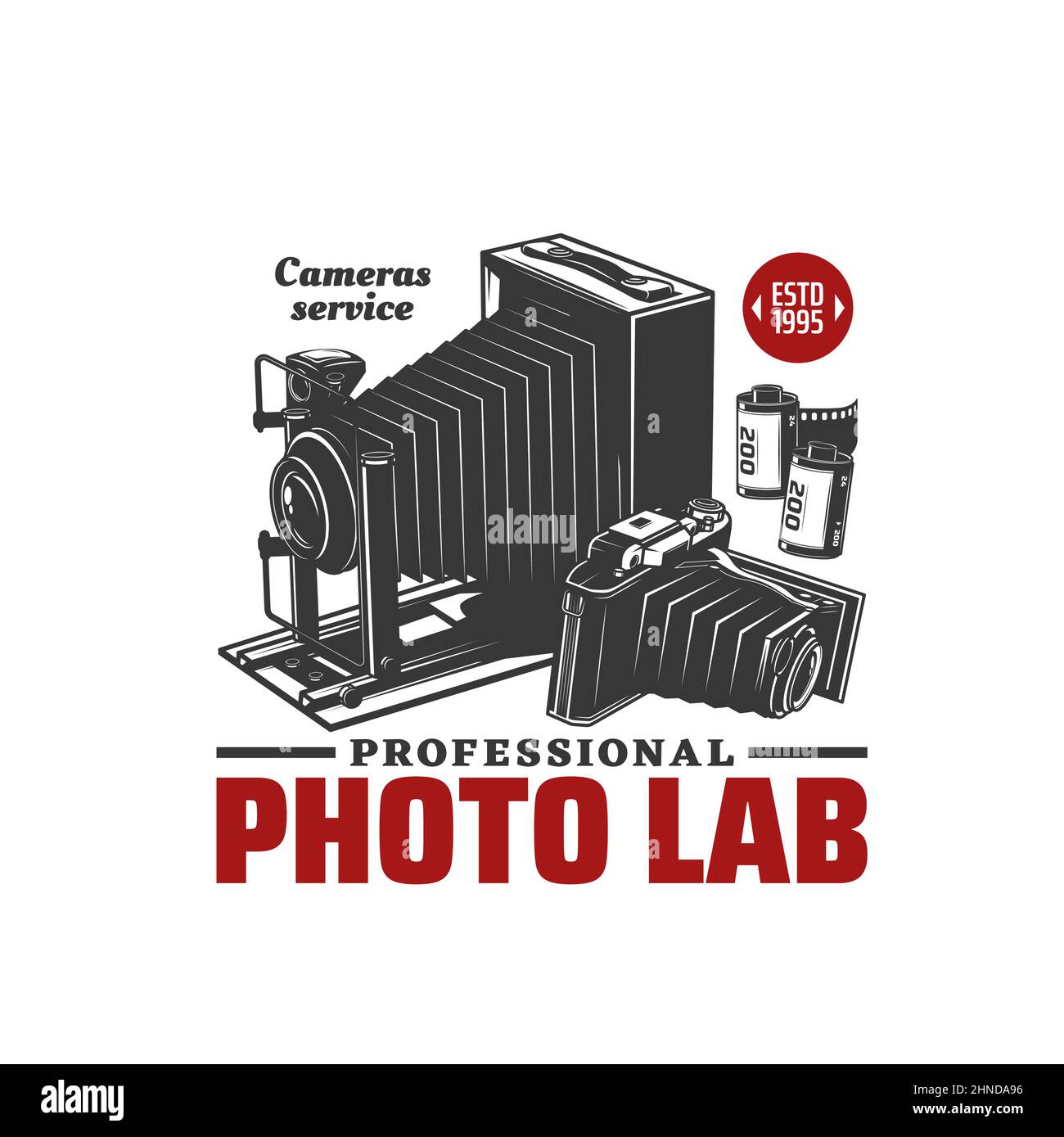 Fotolabor Symbol oder Fotografie Studio Emblem mit Retro-Kamera, Vektor. Fotografen-Service oder professionelles Fotolabor Schild mit Vintage-Objektiv ca. Stock Vektor