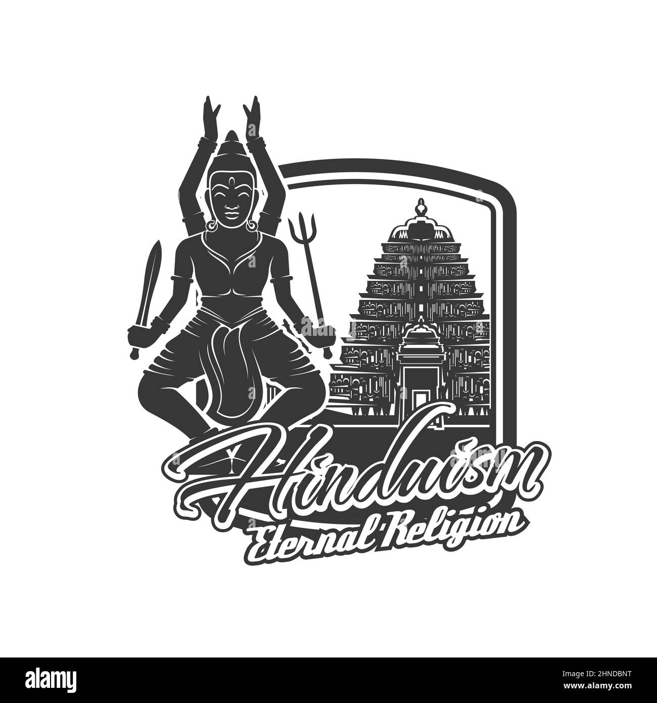 Hinduismus Religion Vektor-Symbol. Indischer Gott Herr Shiva mit trishul, Schwert und alten hindu-Tempel. Hinduismus Gottheit der Meditation, Yoga, Zeit und Tanz, Stock Vektor
