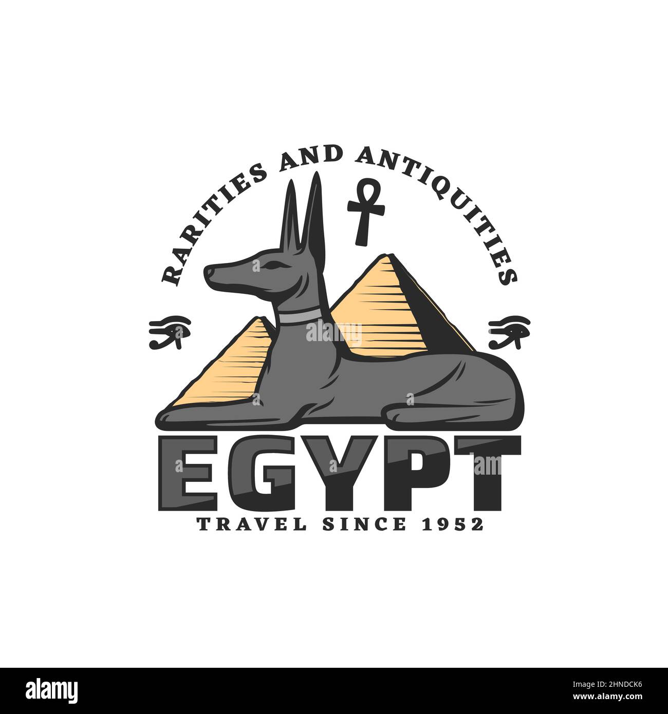 Ägypten Reise-Ikone mit Anubis gott und Pyramiden. Ägyptische Geschichte, Kultur und Religion Museum Vektor-Etikett, Symbol oder Emblem mit Hund Statue und Giza pl Stock Vektor