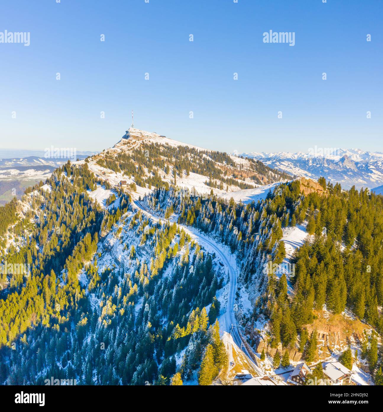 Bester Schweizer Tourist. Rigaer Berge. Luftaufnahme. Stockfoto