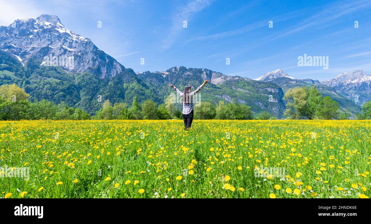 Frau mit offenen Händen auf dem Feld der blühenden Dandelionen. Sommerlandschaft vor dem Hintergrund der Berge. Stockfoto