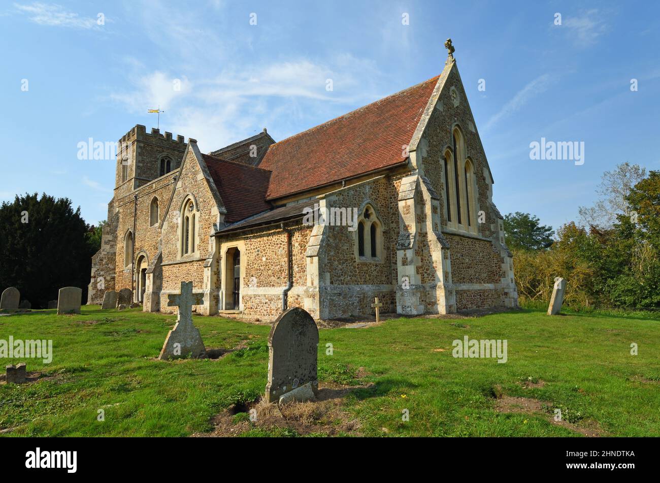 St Deny's Church, Little Barford, Bedfordshire in Sonnenschein Stockfoto