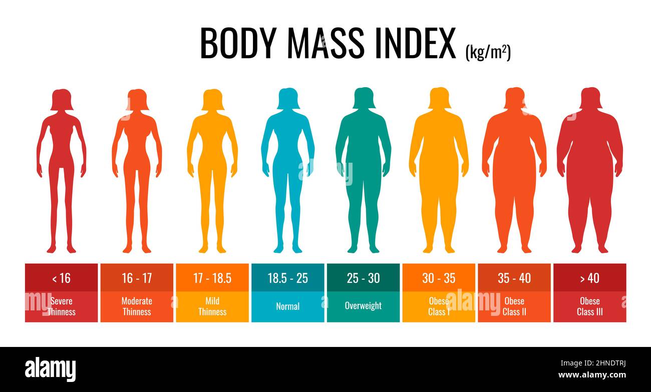 BMI-Klassifikationstabelle Messung Frau Set. Infografik zum weiblichen Body Mass Index mit Gewichtsstatus von Untergewicht bis stark adipös. Diagramm zur Kontrolle der medizinischen Körpermasse. Vektorgrafik eps Stock Vektor