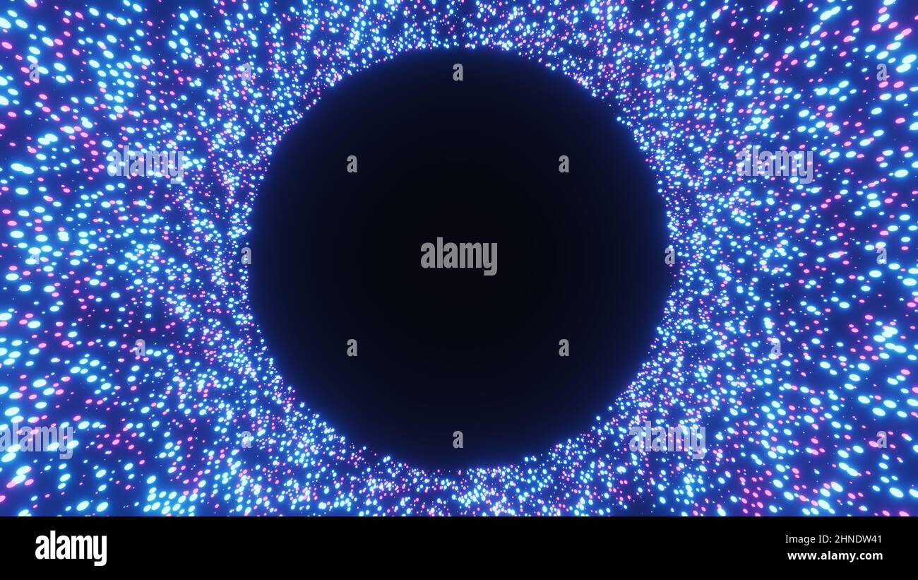 Unzählige glühende Partikel bilden einen runden Rahmen. Stockfoto