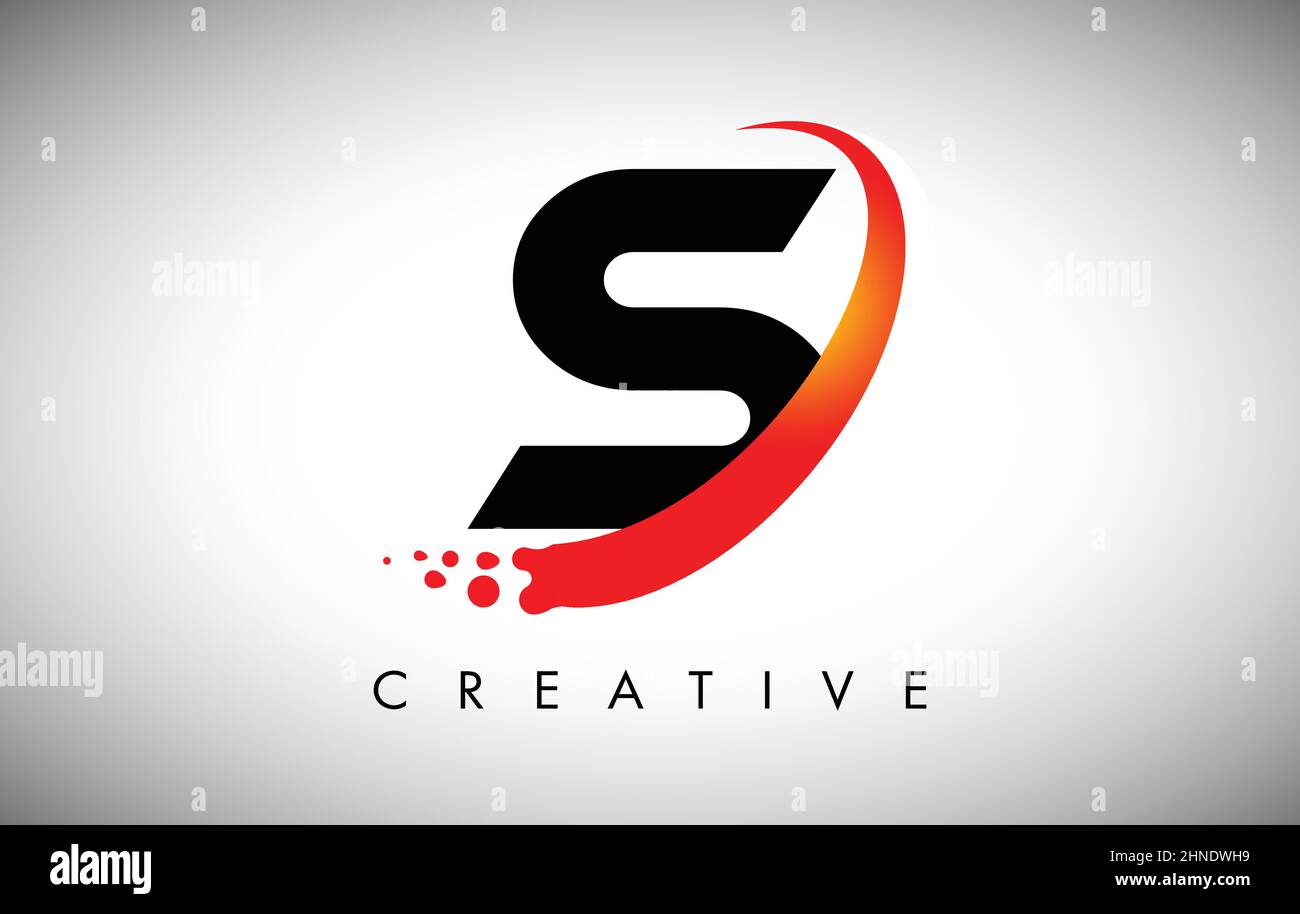 Kreatives S-Logo mit gebogenem rotem Swoosh und Punkten. Modernes trendiges Buchstabe S Symbol für persönliches Logo oder Firmenidentität Vektor Illustration Stock Vektor
