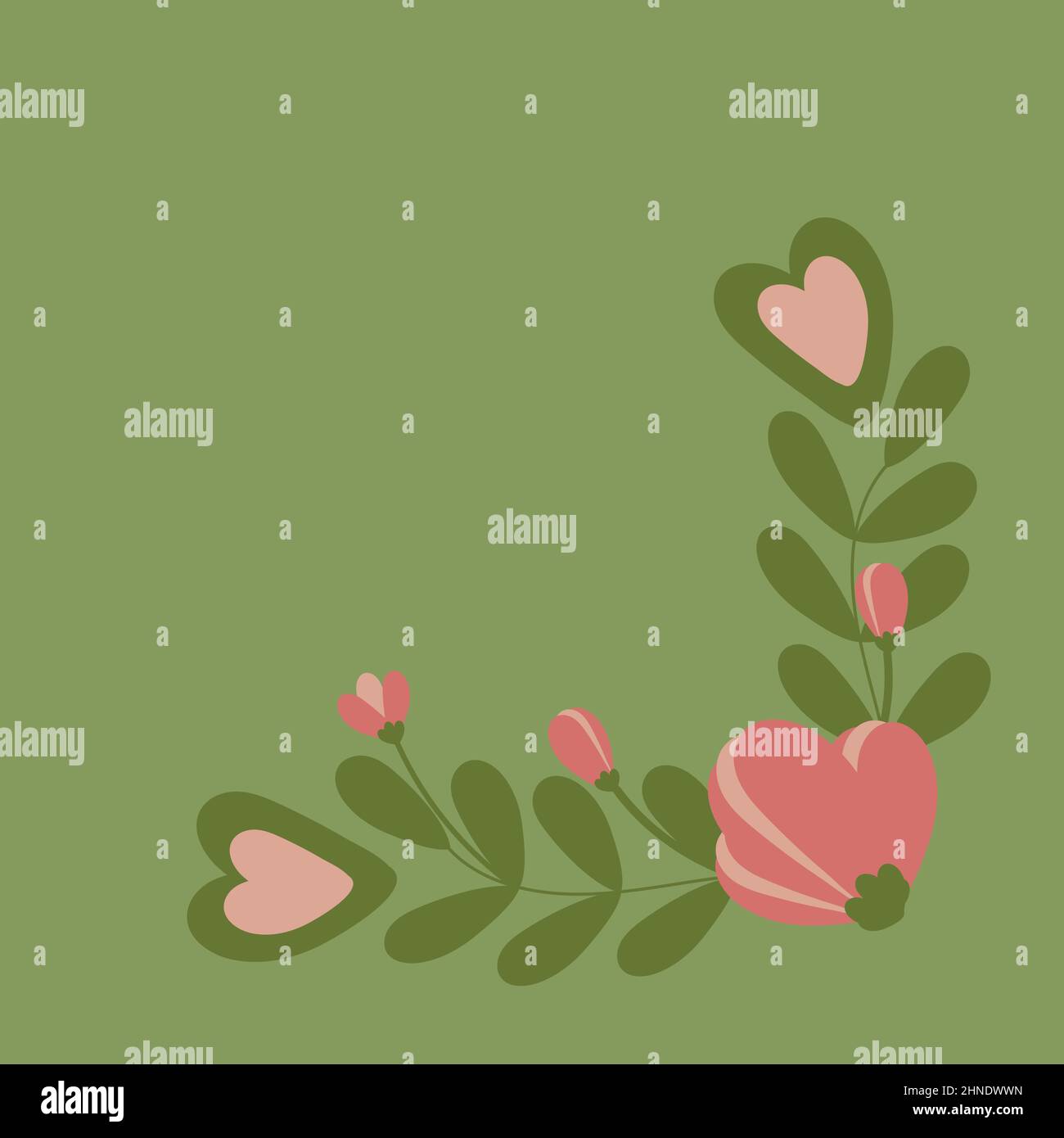 Frühlingsecke Komposition aus Blättern, Herzen, Blumen und Knospen im Cartoon-Stil auf grünem Hintergrund. Vorlage für Grußkarte, Flyer, Broschüre. Copyspace. Handgezeichnet. Stock Vektor