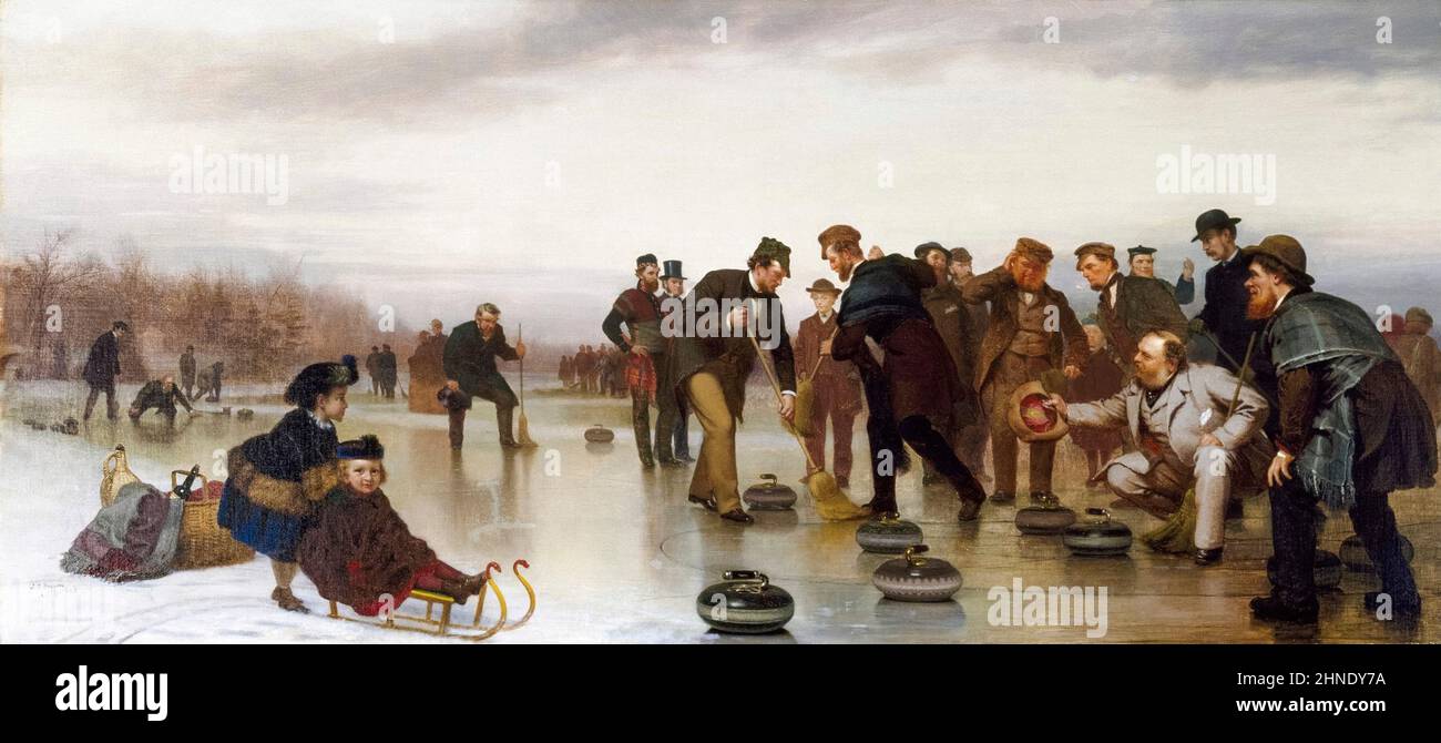 Curling, ein schottisches Spiel im Central Park, Öl auf Leinwand Gemälde von John George Brown, 1862 Stockfoto