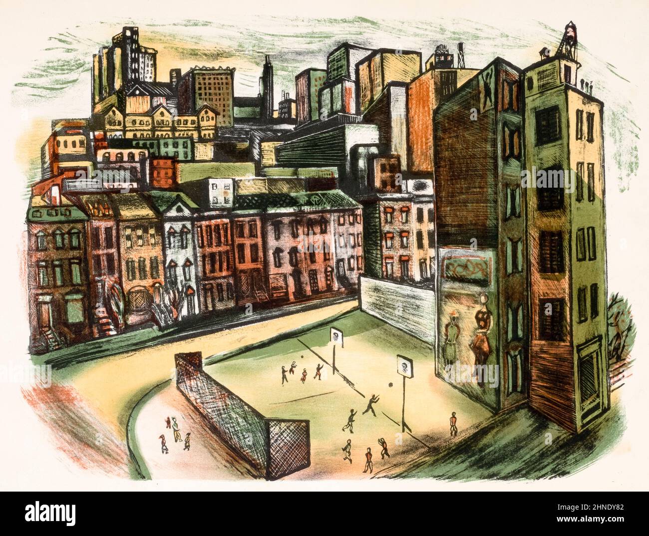 1930s Amerika, Stadtszene mit Kinderspielplatz, (Basketballplatz), New Deal Art, Lithografie, 1933-1943 - nicht identifizierter Künstler Stockfoto