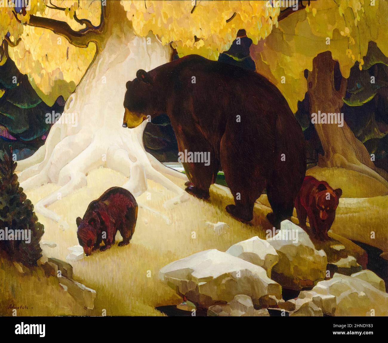 W Herbert Dunton, Fall in the Foothills, (Braunbären im Wald), Malerei, Öl auf Leinwand, 1933-1934 New Deal Art Stockfoto
