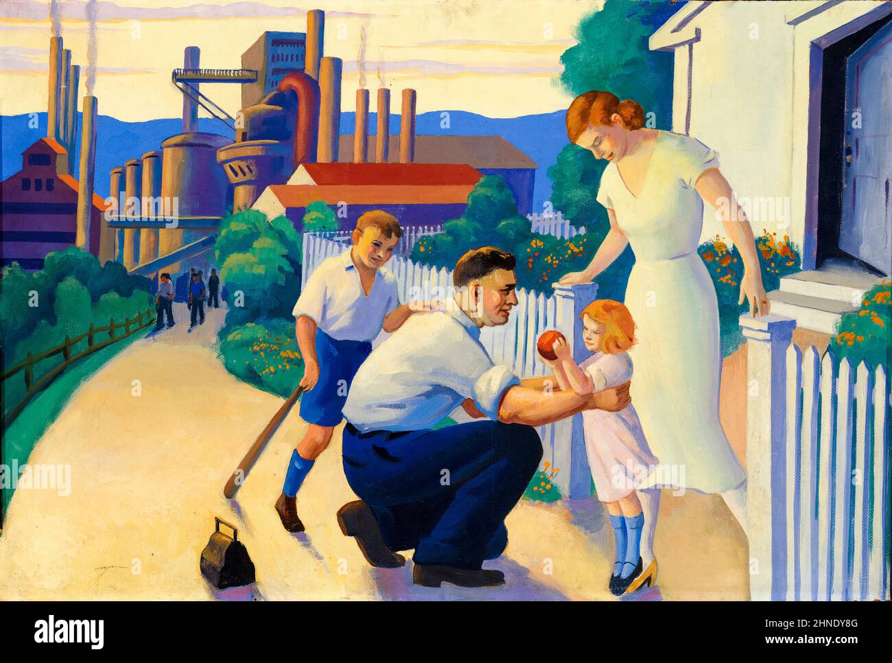 1930s Amerika, typisch amerikanische glückliche Familienszene, New Deal Malerei, Öl auf Holzfaserplatte, 1933-1943 - unidentifizierter Künstler Stockfoto