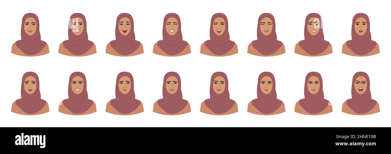 Satz von Emotionen der Frau in Hijab. Variationen der weiblichen Gesichtsausdrücke. Lächeln, glücklich, fröhlich, überrascht, traurig, Unzufrieden, wütend, verängstigt emo Stock Vektor