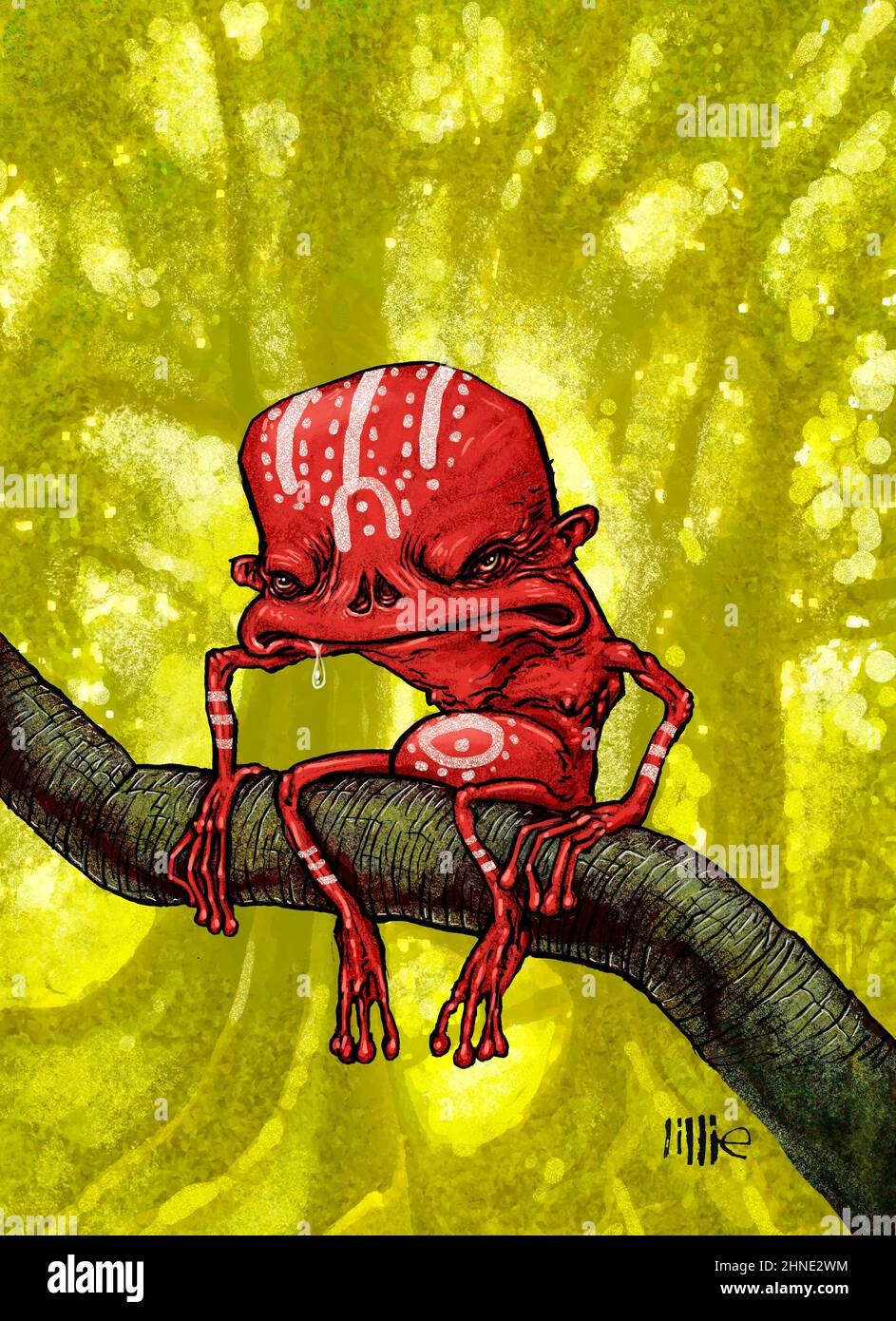 Kunst/Illustration eines Yara-ma-yha-Who, einer legendären Kreatur, die in der Mythologie der australischen Aborigines gefunden wurde. Das rote, froschähnliche Monster lebt in fiesen Bäumen Stockfoto
