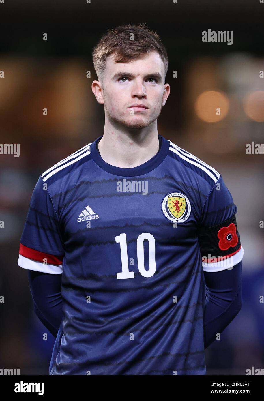 Schottlands Marc Leonard vor dem Start des UEFA Euro U21 Qualifying Group I-Spiels im Tannadice Park, Dundee. Bilddatum: Freitag, 12. November 2021. Stockfoto