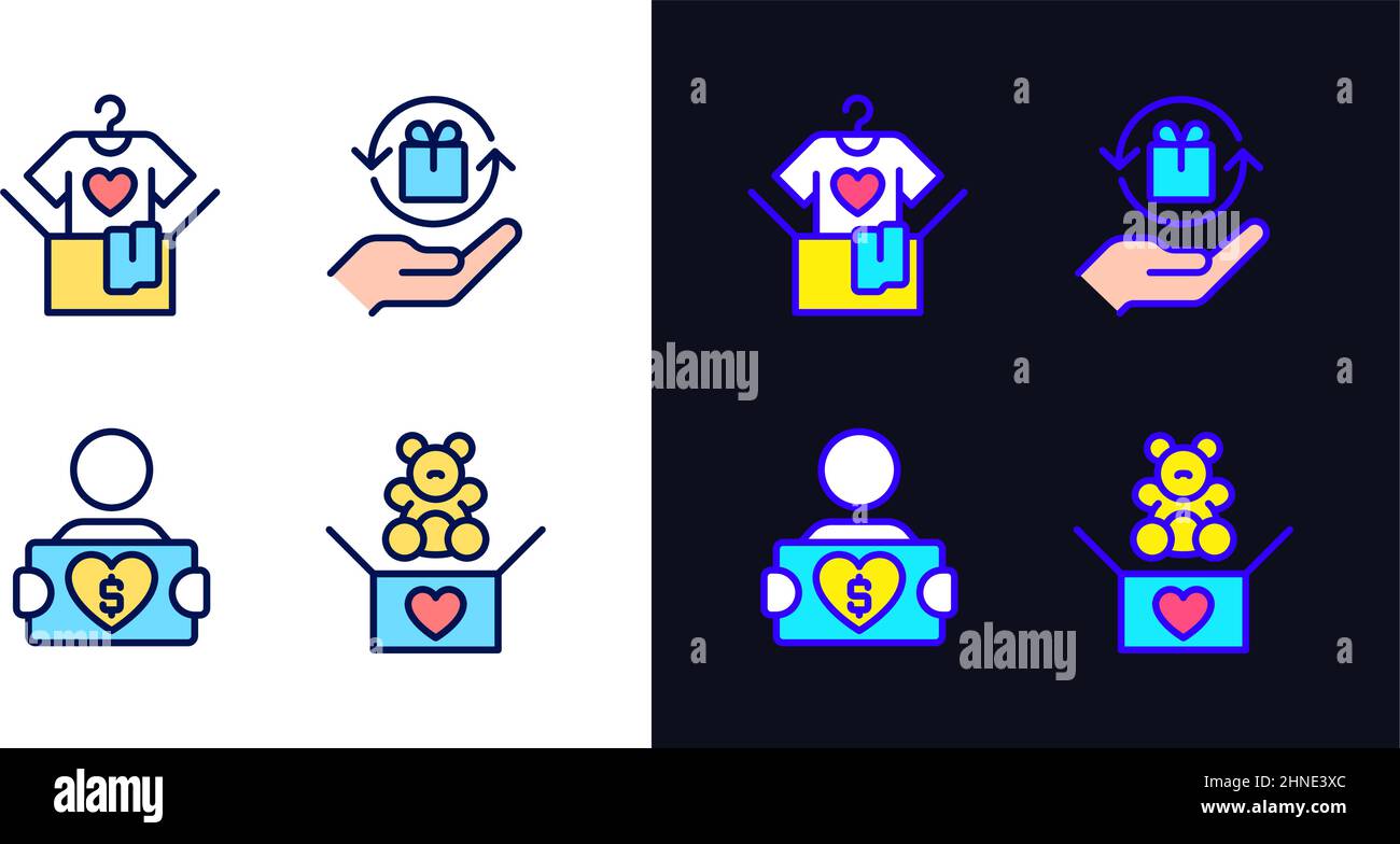 Spenden gebrauchter Waren Pixel perfekte helle und dunkle Thema Farbe Symbole gesetzt Stock Vektor