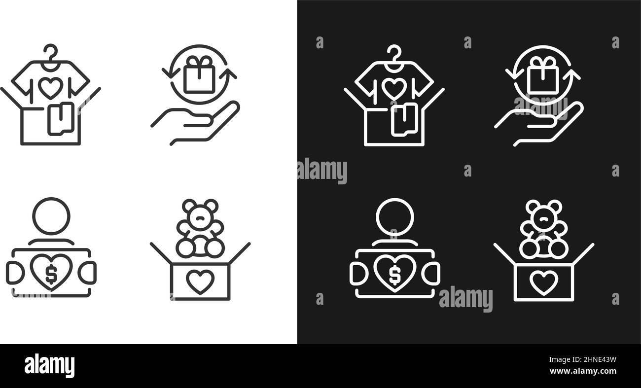 Spenden von gebrauchten Waren Pixel perfekte lineare Symbole für den dunklen, hellen Modus eingestellt Stock Vektor