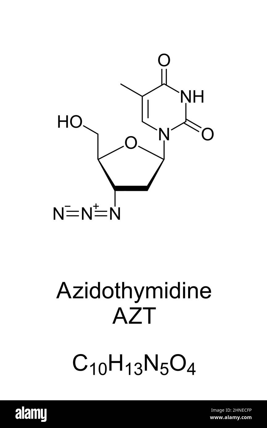 Azidothymidin (AZT), chemische Formel und Skelettstruktur. Auch Zidovudin (ZDV), ein antiretrovirales Medikament. Es war die erste Behandlung für HIV. Stockfoto