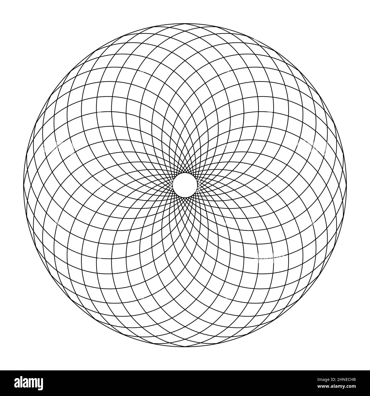 Kreisförmiges Fibonacci-Muster, entsprechend der Struktur eines Pinienkegels. Kreisförmige Fläche, die durch spiralförmige, angeordnete Linien gebildet wird und trapezförmige Muster erzeugt. Stockfoto