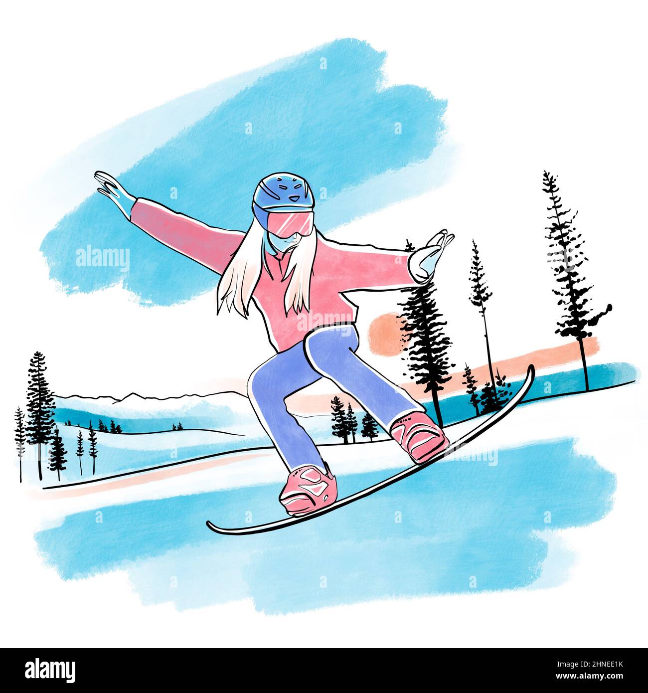 Snowboard Mädchen in Sportswear springen auf den Pisten Cartoon Illustration. Extremsport im Freien Stockfoto